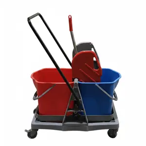[J002229COL] DOUBLE MOP BUCKET TROLLEY 2X25L WITH DOWN PRESS ECOLINE (RED WRINGER)